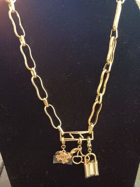 Open Edit NWT Gold Tone BFF Charms Puzzle, Cherries & Lock Toggle Necklace 14"